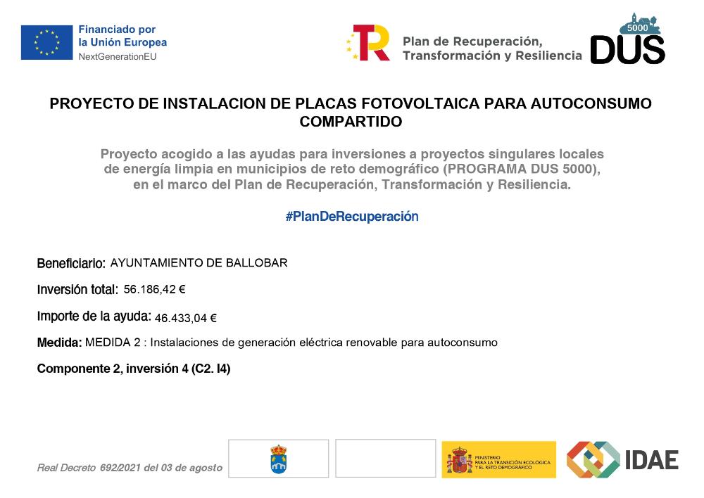 Imagen INSTALACIÓN DE PLACAS FOTOVOLTAICAS DE 43,20 KWP DE POTENCIA PARA AUTOCONSUMO COMPARTIDO CON EXCEDENTES ACOGIDOS A COMPENSACIÓN.